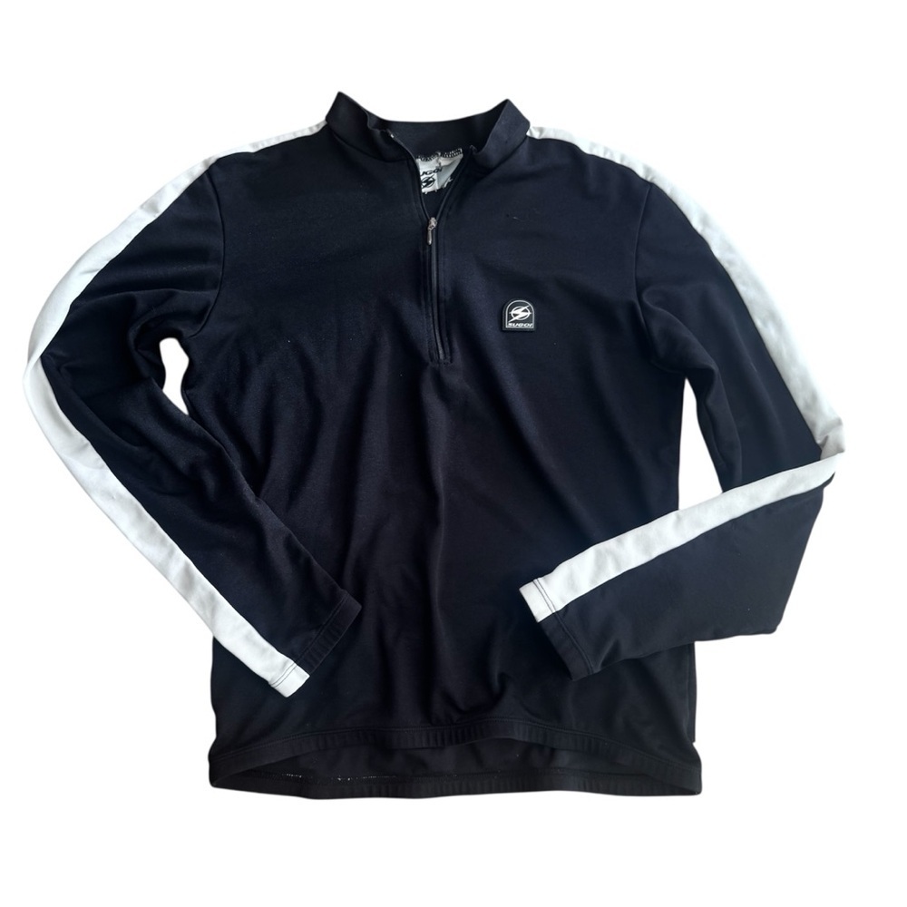 Sugoi Black Quarter Zip Cycling Jacket Size L Athletic Fit Y2K Racer Striped